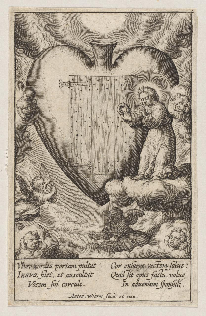 A late 16th early 17th century plate which is a line drawing showing a huge heart containing a door at which an angel is knocking.