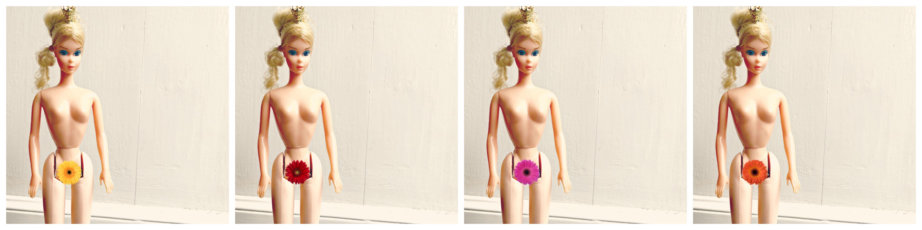 A row of four, naked, barbies. Superimposed over their groins are four different flowers in yellow, red, pink and orange