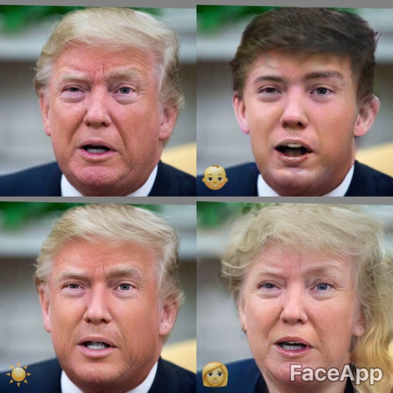 This shows four images set in a square. The top left image is of Trump with his mouth open looking quite old with white hair and eyebrows. The one top right has used a filter to make him look very young. Eye bags and wrinkles are removed and he has dark hair and brows. He looks about 20. Bottom left is the Hollywood filter. Trump's jaw has been squared and sharpened, his skin smoothed, his eyes are bigger and more clear and his face is tight and youthful looking if a bit perma tanned. On the bottom right is a brilliantly funny picture of Trump as a rather glamorous older woman with peach lipstick and a cascade of blonde hair.