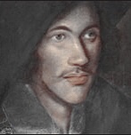 A sketch of John Donne as a young man taken from a painting. It shows a romantic looking young man with full lips, a long nose and soulful eyes. He is dark with pale skin.