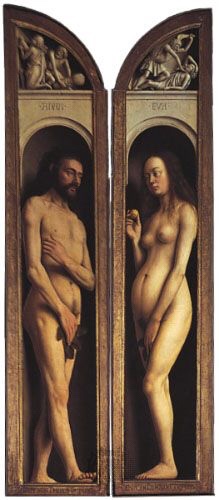A renaissance portrayal of Adam and Eve painted on a wooden panel which would have formed part of the Alter. Both characters are naked and painted very realistically, including body hair.