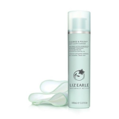 Liz Earle Cleanse and Polish green bottle with muslin square